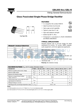 GBL01 datasheet - Glass Passivated Single-Phase Bridge Rectifier