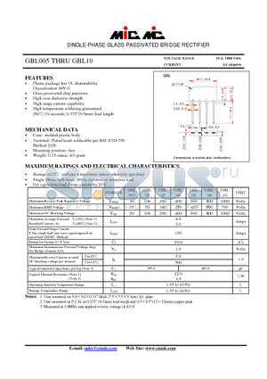 GBL01 datasheet - SINGLE-PHASE GLASS PASSIVATED BRIDGE RECTIFIER