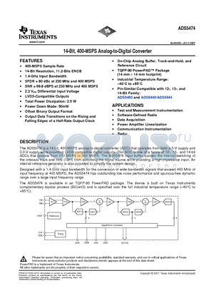 ADS5474IPFPR datasheet - 14-Bit, 400-MSPS Analog-to-Digital Converter