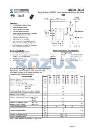 GBL01 datasheet - Single Phase 4.0AMPS. Glass Passivated Bridge Rectifiers