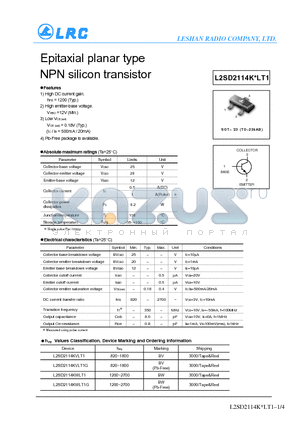 L2SD2114KVLT1 datasheet - Epitaxial planar type NPN silicon transistor