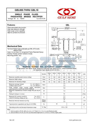 GBL06 datasheet - SINGLE PHASE GLASS PASSIVATED BRIDGE RECTIFIER Voltage: 50 to 1000V Current:4.0A
