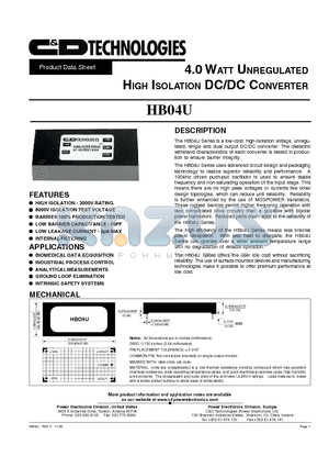 HB04U05D12 datasheet - 4.0 WATT UNREGULATED HIGH ISOLATION DC/DC CONVERTER