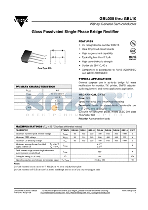 GBL08 datasheet - Glass Passivated Single-Phase Bridge Rectifier