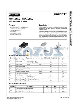 FDA50N50 datasheet - 500V N-Channel MOSFET