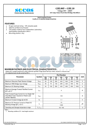 GBL08 datasheet - Voltage 50V ~ 1000V 4.0 Amp Glass Passivited Bridge Rectifiers