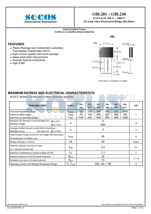 GBL201 datasheet - 2.0 Amp Glass Passivated Bridge Rectifiers