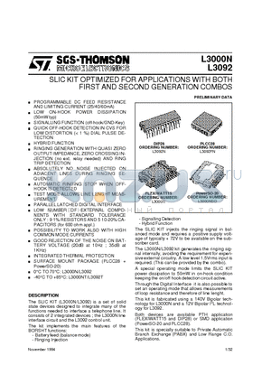 L3000N datasheet - SLIC KIT OPTIMIZED FOR APPLICATIONS WITH BOTH FIRST AND SECOND GENERATION COMBOS