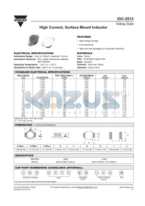 IDC2512NB100M datasheet - High Current, Surface Mount Inductor