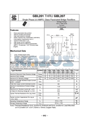 GBL202 datasheet - Single Phase 2.0 AMPS. Glass Passivated Bridge Rectifiers