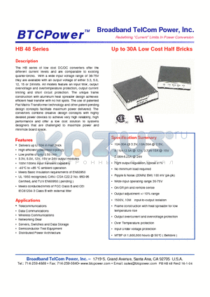 HB100-48-15 datasheet - Up to 30A Low Cost Half Bricks