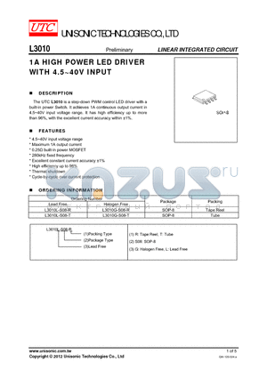 L3010 datasheet - 1A HIGH POWER LED DRIVER WITH 4.5~40V INPUT