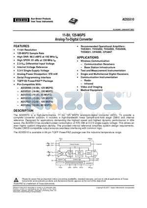 ADS5510IPAPR datasheet - 11-Bit, 125-MSPS Analog-To-Digital Converter