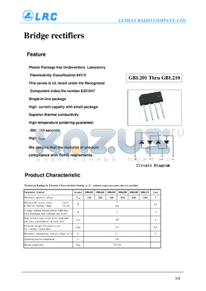 GBL204 datasheet - Plastic Package has Underwriters Laboratory Flammability Classification 94V-0