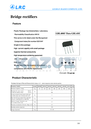 GBL401 datasheet - Plastic Package has Underwriters Laboratory Flammability Classification 94V-0