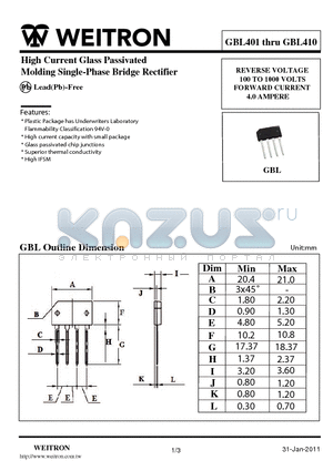 GBL401 datasheet - High Current Glass Passivated Molding Single-Phase Bridge Rectifier