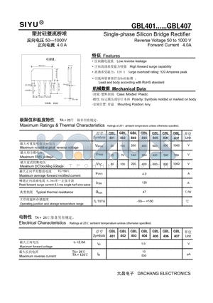 GBL403 datasheet - Single-phase Silicon Bridge Rectifier Reverse Voltage 50 to 1000 V Forward Current 4.0A