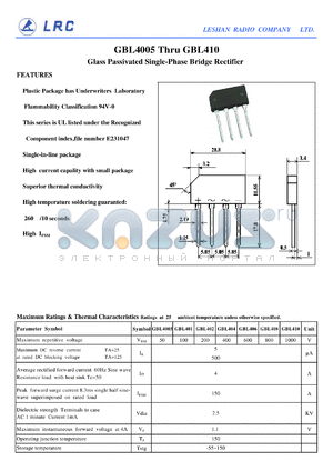 GBL404 datasheet - Maximum Ratings & Thermal Characteristics Ratings at 25 ambient temperature unless otherwise specified.