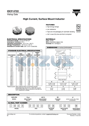IDCP3722ER100M datasheet - High Current, Surface Mount Inductor