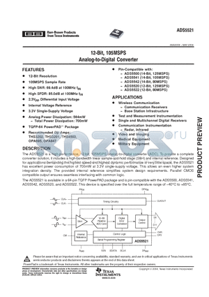 ADS5521 datasheet - 12-Bit, 105MSPS Analog-toDigital Converter