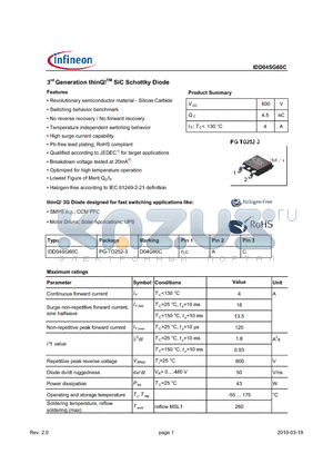 IDD04SG60C datasheet - 3rd Generation thinQ!TM SiC Schottky Diode
