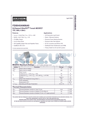 FDB045AN08 datasheet - N-Channel UltraFET Trench MOSFET 75V, 80A, 4.5m