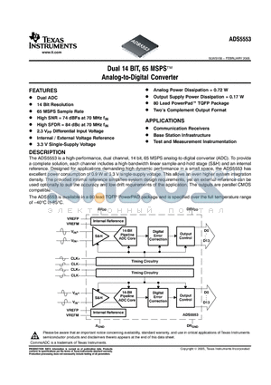 ADS5553IPFPRG4 datasheet - Dual 14 BIT, 65 MSPS Analog-to-Digital Converter
