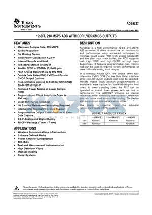 ADS5527IRGZTG4 datasheet - 12-BIT, 210 MSPS ADC WITH DDR LVDS/CMOS OUTPUTS