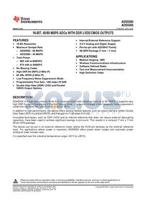 ADS5560 datasheet - 16-BIT, 40/80 MSPS ADCs WITH DDR LVDS/CMOS OUTPUTS