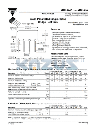 GBLA01 datasheet - Glass Passivated Single-Phase Bridge Rectifiers