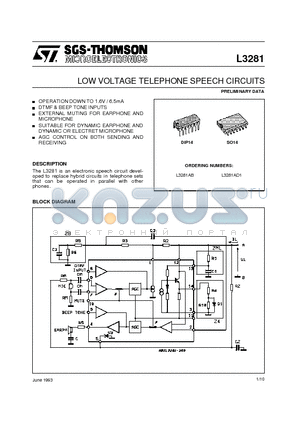 L3281AB datasheet - LOW VOLTAGE TELEPHONE SPEECH CIRCUITS