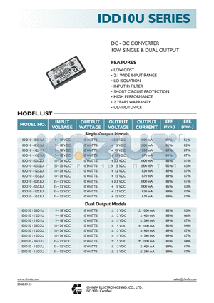 IDD10-05D1U datasheet - DC - DC CONVERTER 10W SINGLE & DUAL OUTPUT