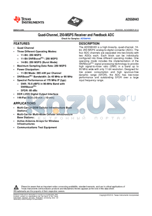 ADS58H43 datasheet - Quad-Channel, 250-MSPS Receiver and Feedback ADC