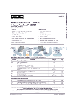 FDB13AN06A0 datasheet - N-Channel PowerTrench MOSFET 60V, 62A, 13.5mohm