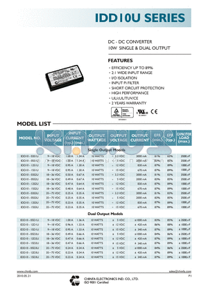 IDD10-15S2U datasheet - DC - DC CONVERTER 10W SINGLE & DUAL OUTPUT