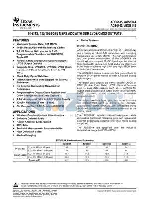 ADS6145IRHBR datasheet - 14-BITS, 125/105/80/65 MSPS ADC WITH DDR LVDS/CMOS OUTPUTS