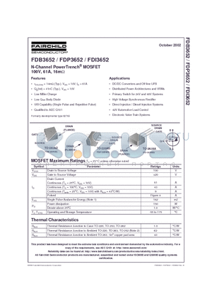 FDB3652 datasheet - N-Channel PowerTrench MOSFET 100V, 61A, 16m