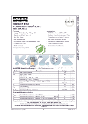 FDB3652_08 datasheet - N-Channel PowerTrench^ MOSFET 100V, 61A, 16mY