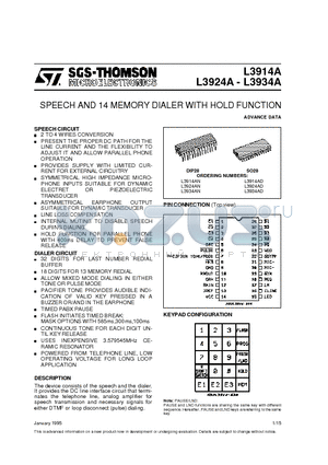 L3924A datasheet - SPEECH AND 14 MEMORY DIALER WITH HOLD FUNCTION