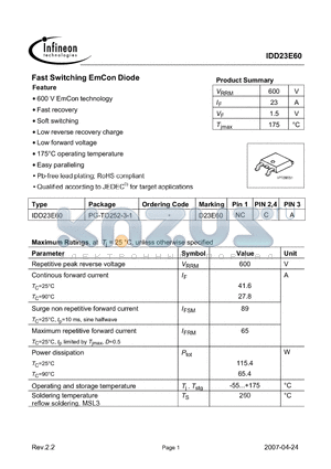 IDD23E60 datasheet - Fast Switching EmCon Diode