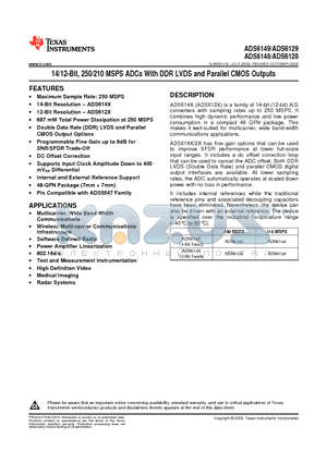 ADS6128IRGZTG4 datasheet - 14/12-Bit, 250/210 MSPS ADCs With DDR LVDS and Parallel CMOS Outputs