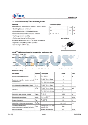 IDH02SG120 datasheet - 3rd Generation thinQ!TM SiC Schottky Diode