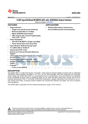 ADS61JB23IRHAR datasheet - 12-Bit Input-Buffered 80 MSPS ADC with JESD204A Output Interface