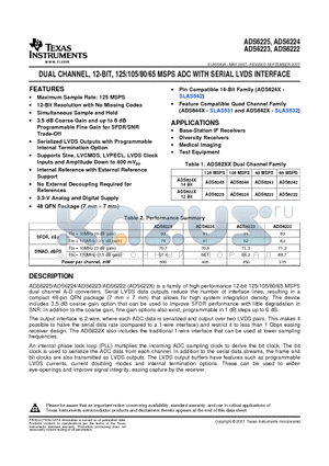 ADS6222 datasheet - DUAL CHANNEL, 12-BIT, 125/105/80/65 MSPS ADC WITH SERIAL LVDS INTERFACE