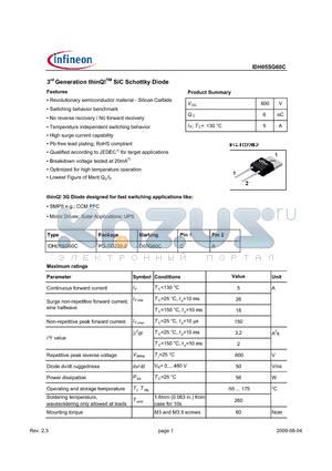 IDH05SG60C datasheet - 3rd Generation thinQ!TM SiC Schottky Diode
