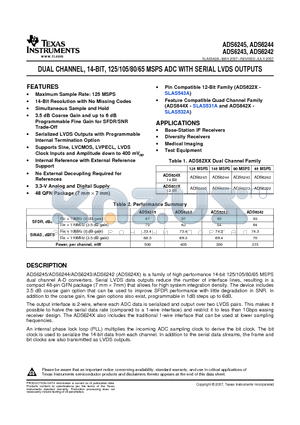 ADS6242IRGZTG4 datasheet - DUAL CHANNEL, 14-BIT, 125/105/80/65 MSPS ADC WITH SERIAL LVDS OUTPUTS