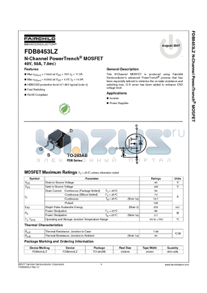 FDB8453LZ datasheet - N-Channel PowerTrench^ MOSFET