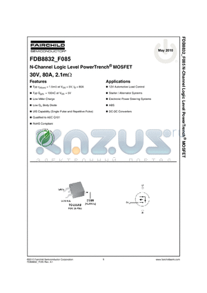 FDB8832_10 datasheet - N-Channel Logic Level PowerTrench^ MOSFET 30V, 80A, 2.1mY