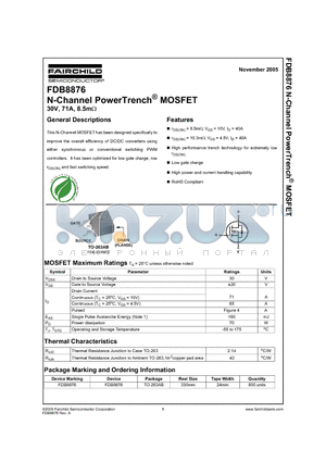 FDB8876 datasheet - N-Channel PowerTrench^ MOSFET 30V, 71A, 8.5mOhm