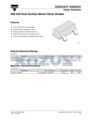 DZ23C2V7 datasheet - 300 mW Dual Surface Mount Zener Diodes